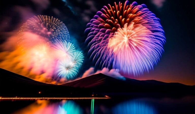 Brilliant fireworks in blue, pink, and purple hues light up the night sky above a serene lake with reflections and a silhouette of a mountain range in the background.