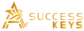 This gold logo features a stylized eagle, whose outlines create the word "ALL", positioned above the golden capitalized text "SUCCESS KEYS". The design illustrates comprehensiveness and thoroughness in strategic counsel and vision, key concepts for achieving success.