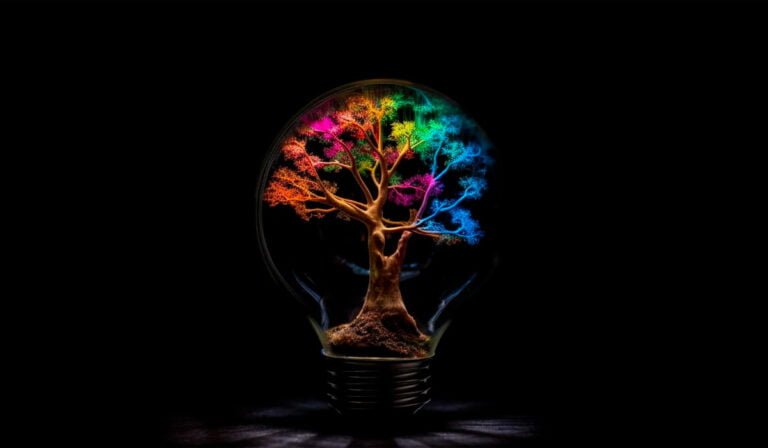 A vibrant tree with multicolored foliage inside a clear light bulb against a black background, symbolizing creativity, energy, and the concept of the "tree of life" in a modern context.