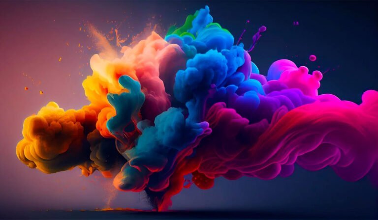 Explosive and vibrant colored ink clouds in red, blue, purple, and orange hues swirling against a dark background, creating an abstract and dynamic visual effect.