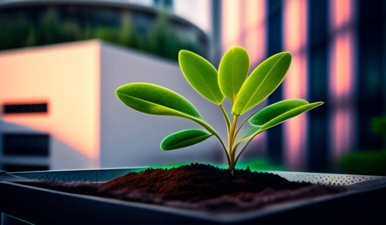 Symbolic representation of growth and success: a young plant flourishing from rich soil, reminiscent of Carlos's triumph in business with Kris's support, against a backdrop of glowing progress.