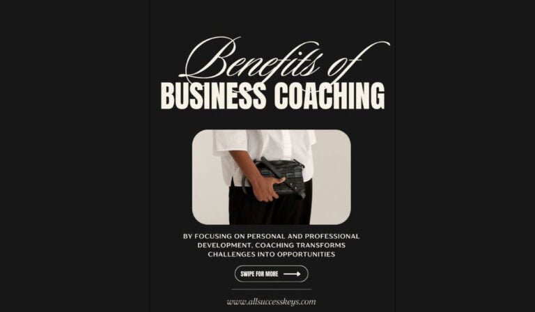 "Benefits of Business Coaching" displayed above an image of a person holding a notebook or portfolio. The text emphasizes that by focusing on personal and professional development, coaching transforms challenges into opportunities. This aligns with the article "Benefits of Business Coaching," which highlights how coaching enhances strategic clarity, improves performance, and fosters work-life balance. The message encourages readers to explore how business coaching can positively impact their entrepreneurial journey.