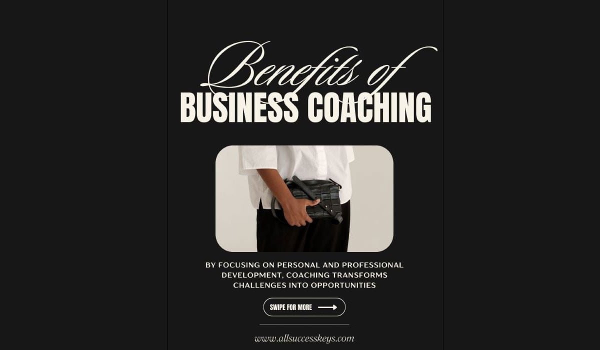 "Benefits of Business Coaching" displayed above an image of a person holding a notebook or portfolio. The text emphasizes that by focusing on personal and professional development, coaching transforms challenges into opportunities. This aligns with the article "Benefits of Business Coaching," which highlights how coaching enhances strategic clarity, improves performance, and fosters work-life balance. The message encourages readers to explore how business coaching can positively impact their entrepreneurial journey.