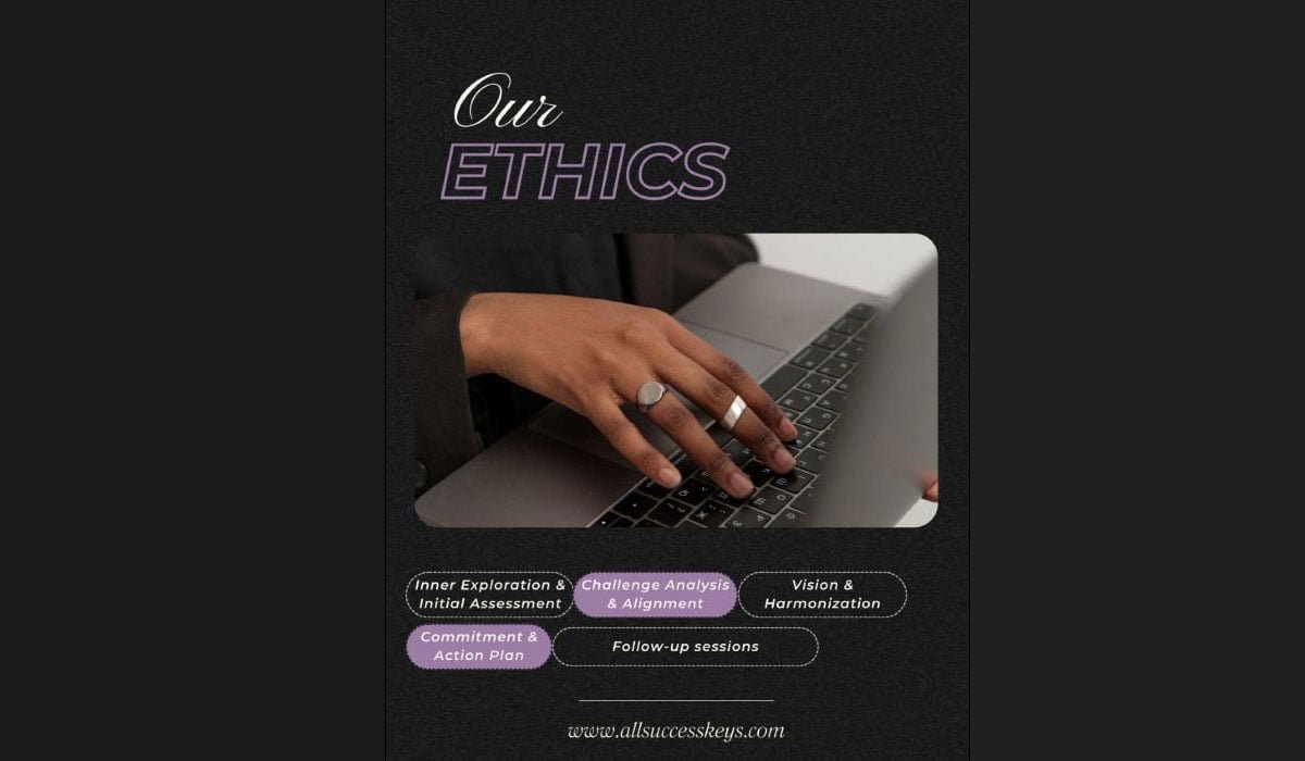 "Our Ethics" displayed above an image of a hand typing on a laptop keyboard. Below, various stages of coaching are outlined, including inner exploration, challenge analysis, vision harmonization, commitment, and follow-up sessions. The image complements the article "Achieve Your Goals and Ambitions," which emphasizes personalized coaching to help individuals clarify their identity, amplify strengths, and achieve goals. It highlights the collaborative development of a strategic roadmap and the ongoing support provided to maintain momentum toward desired outcomes.