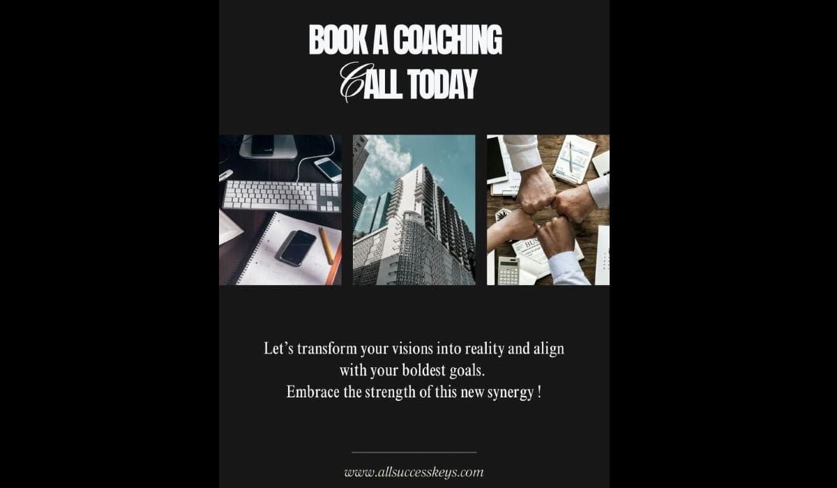 "Book a Coaching Call Today" displayed with images of a workspace, a tall building, and a group of people fist-bumping to symbolize teamwork. The message below invites viewers to transform their visions into reality and align with bold goals through a new synergy. This image encourages visionary prototyping, intuitive forecasting, and quantum decision-making. These forward-thinking methodologies allow leaders to actively shape the future, transforming abstract dreams into concrete, innovative realities.