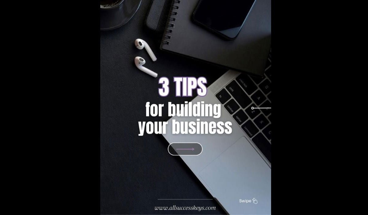 "3 Tips for Building Your Business" displayed over a workspace image featuring a laptop, notebook, and earphones. The image sets the tone for providing practical guidance on growing a business. In alignment with the article "Entrepreneur’s Guide: 3 Proven Strategies to Scale Your Business," the image emphasizes three key strategies: crafting a compelling vision, creating a dynamic business plan, and building an empowering network. These approaches offer a solid foundation for business growth, helping entrepreneurs align their efforts, adapt to market changes, and thrive with the support of a strong professional network.