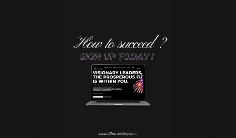 "How to succeed? Sign up today!" displayed on a black background with a laptop showing a message about visionary leaders and the prosperous future within them. This image encourages viewers to take action and join a platform for leaders seeking success. In alignment with the article "Navigating Success: Cutting-Edge Strategies for Today’s Leaders," the image highlights the importance of modern strategies like creative breaks, tech-free times, and flexible workspaces that help leaders navigate today's fast-paced business world. Signing up opens the door to tools and strategies designed to optimize productivity, enhance well-being, and balance professional and personal life.