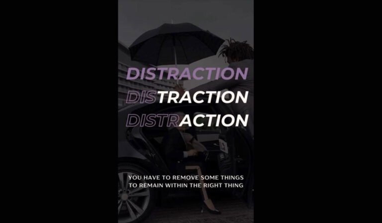 An image of a woman being shielded by an umbrella as she steps out of a car, with the word 'DISTRACTION' repeated multiple times, symbolizing the need to eliminate distractions to focus on meaningful actions.