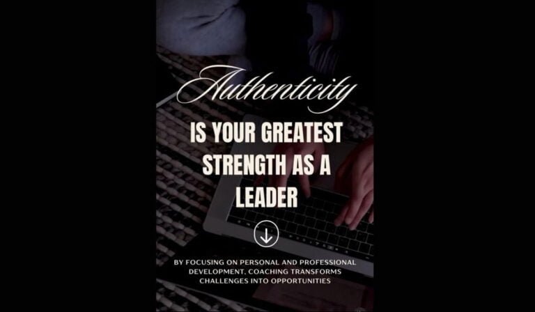 A close-up of hands typing on a keyboard, with overlaid text stating 'Authenticity is your greatest strength as a leader,' symbolizing the importance of authenticity in effective and inspiring leadership.